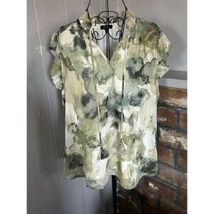 Haver London Floral Green Peasant Blouse Ruffle Sleeve Beige V-Neck Top XL